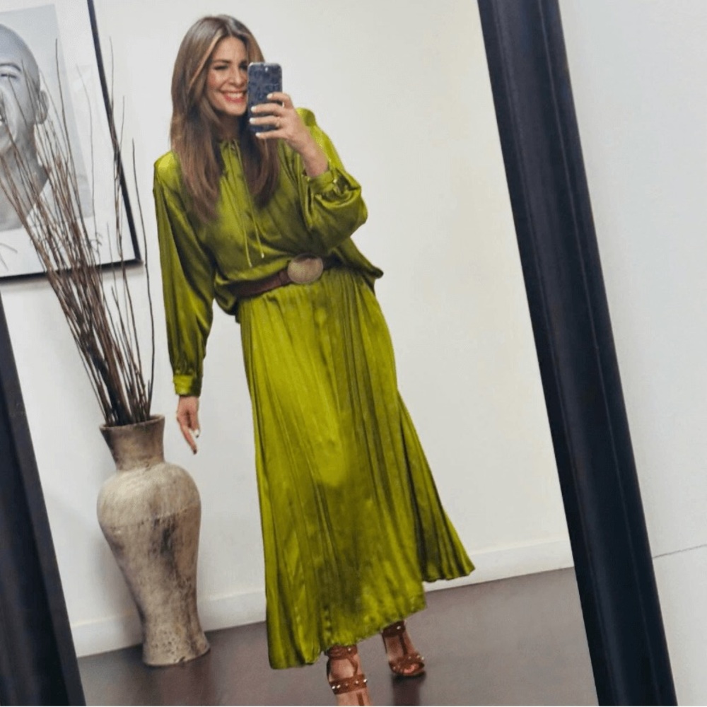 Zara Satin Matching 2 Pc Pleated Boho Peasant Top Maxi Skirt Chartreuse Green 🫒
